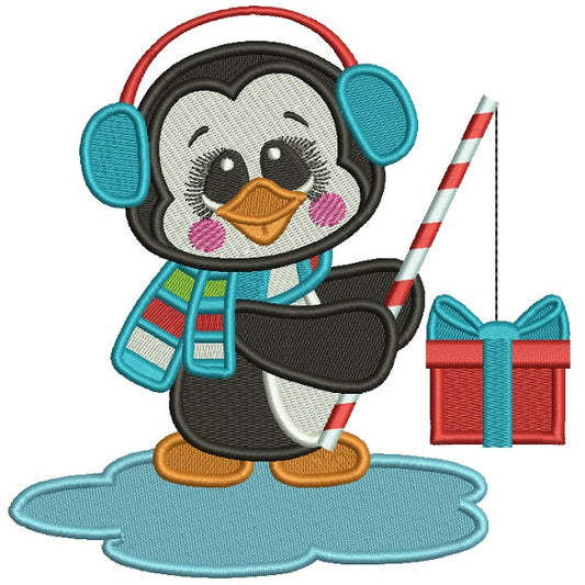 Little Penguin Fishing For Presents Christmas Filled Machine Embroidery Design Digitized Pattern