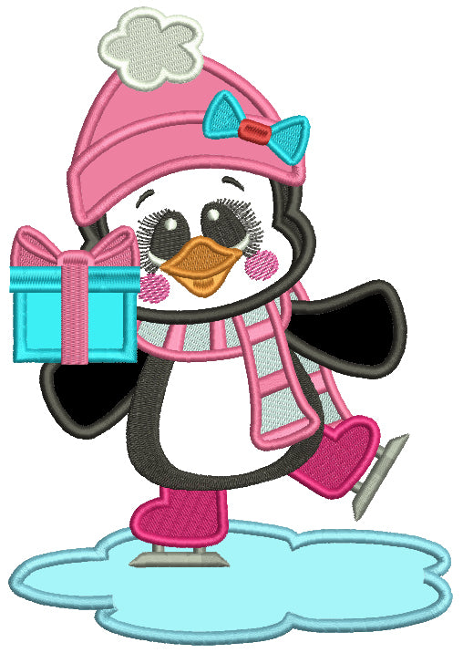 Little Penguin With Presents On Ice Skates Christmas Applique Machine Embroidery Design Digitized Pattern