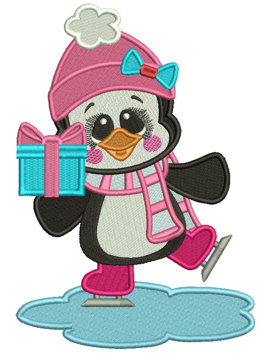 Little Penguin With Presents On Ice Skates Christmas Filled Machine Embroidery Design Digitized Pattern