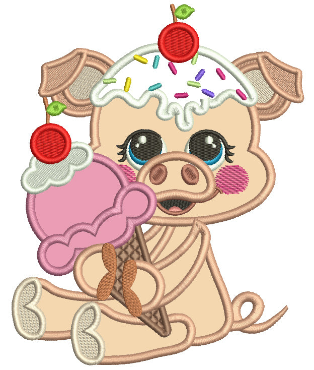 Little Pig Eating Ice Cream With Cherry On Top Food Applique Machine Embroidery Design Digitized Pattern