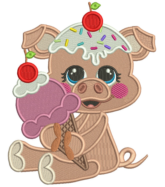 Little Pig Eating Ice Cream With Cherry On Top Food Filled Machine Embroidery Design Digitized Pattern