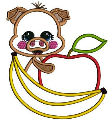 Little Pig With Apple And Banana Applique Machine Embroidery Design Digitized Pattern