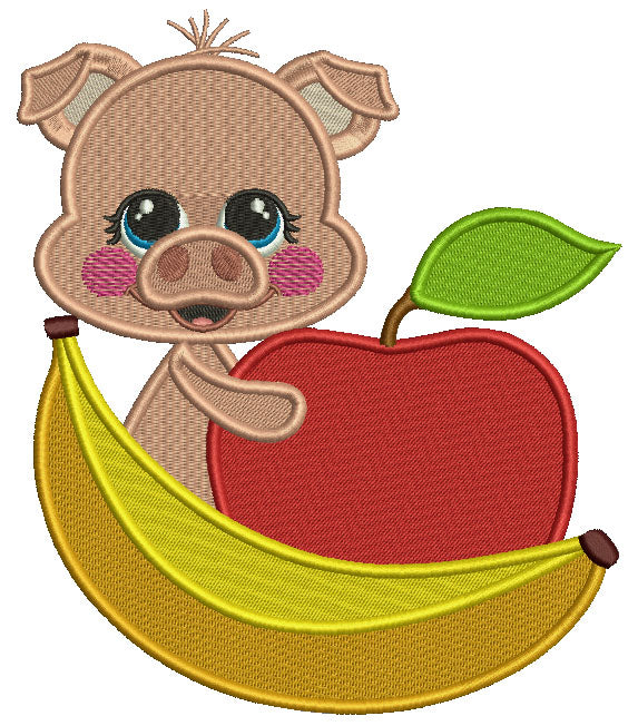 Little Pig With Apple And Banana Filled Machine Embroidery Design Digitized Pattern