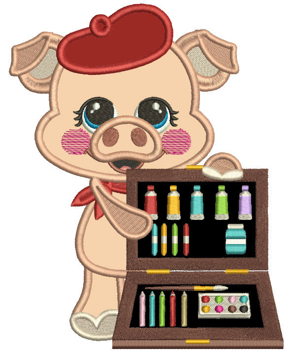 Little Piggy Artist Applique Machine Embroidery Design Digitized Pattern