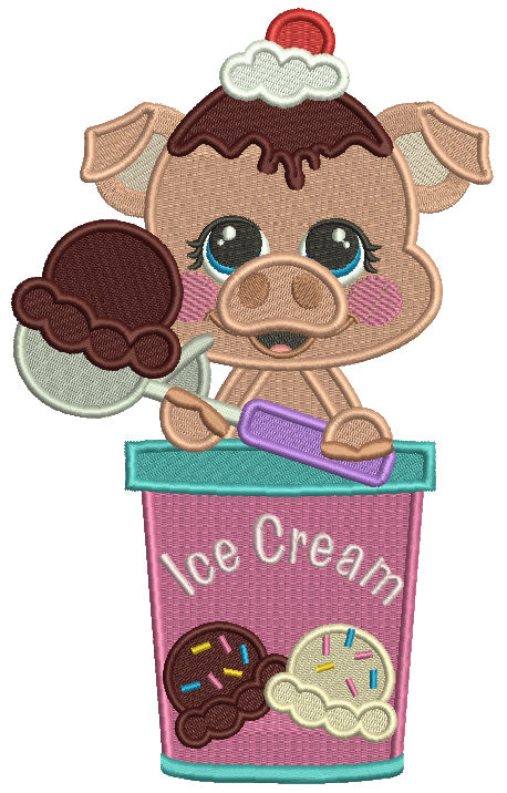 Little Piggy With Ice Cream Filled Machine Embroidery Design Digitized Pattern