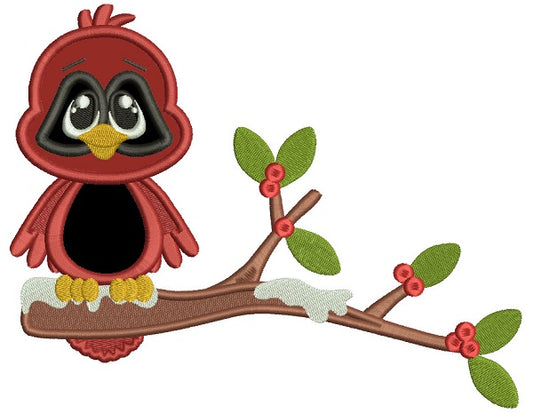 Little Red Robin Sitting On a Branch Applique Christmas Machine Embroidery Design Digitized Pattern