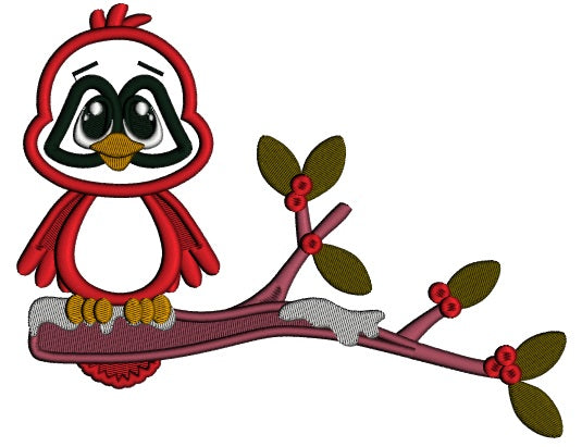 Little Red Robin Sitting On a Branch Applique Christmas Machine Embroidery Design Digitized Pattern