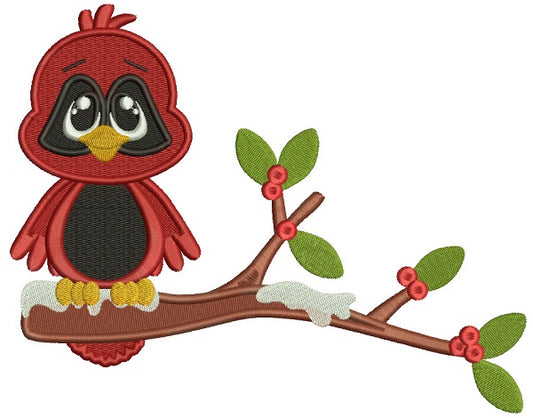 Little Red Robin Sitting On a Branch Filled Christmas Machine Embroidery Design Digitized Pattern