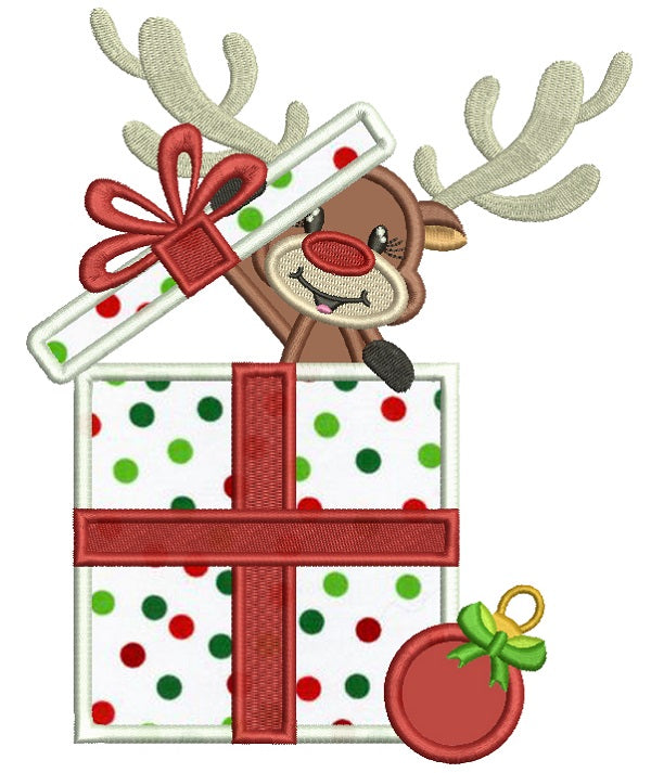 Little Reindeer Opening a Box With Presents Christmas Applique Machine Embroidery Design Digitized Pattern