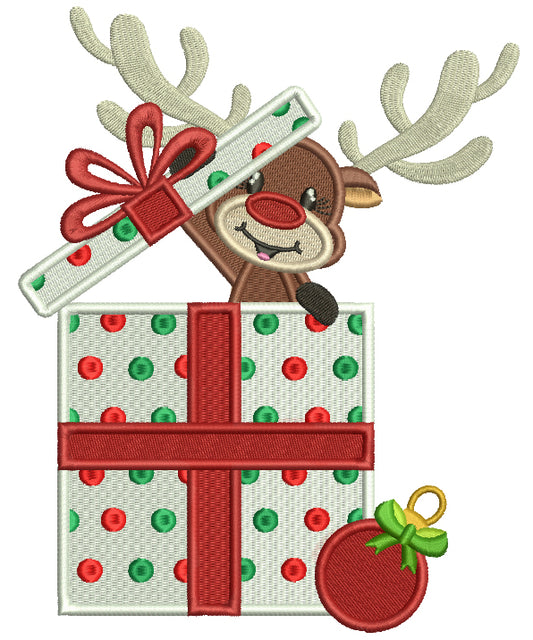 Little Reindeer Opening a Box With Presents Christmas Filled Machine Embroidery Design Digitized Pattern
