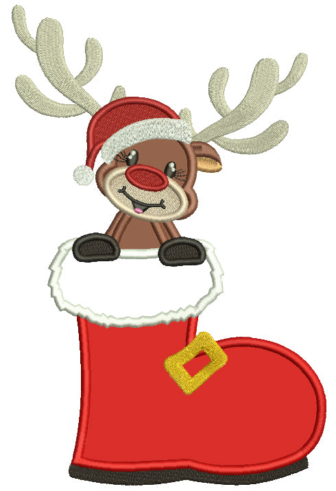 Little Reindeer Sitting Inside Santa's Boot Christmas Applique Machine Embroidery Design Digitized Pattern