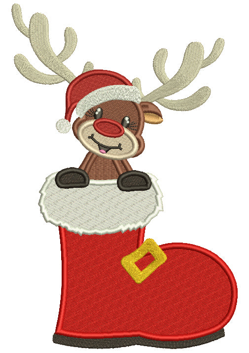 Little Reindeer Sitting Inside Santa's Boot Christmas Filled Machine Embroidery Design Digitized Pattern