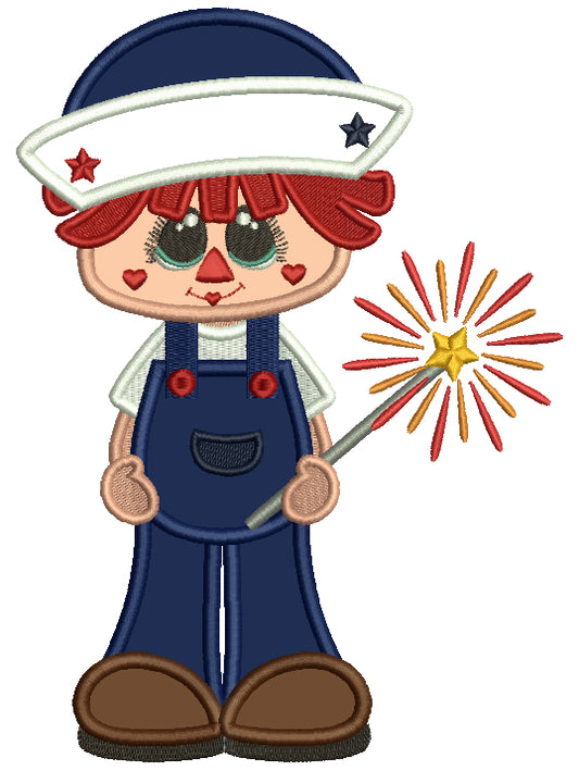 Little Sailor Boy Holding a Firecracker Applique Machine Embroidery Design Digitized Pattern