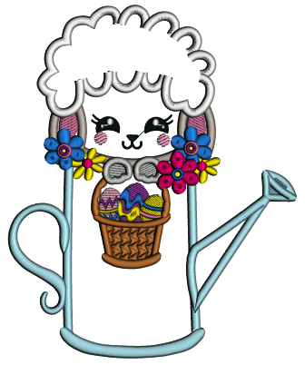 Little Sheep Sitting Inside a Watering Can Easter Applique Machine Embroidery Design Digitized Pattern