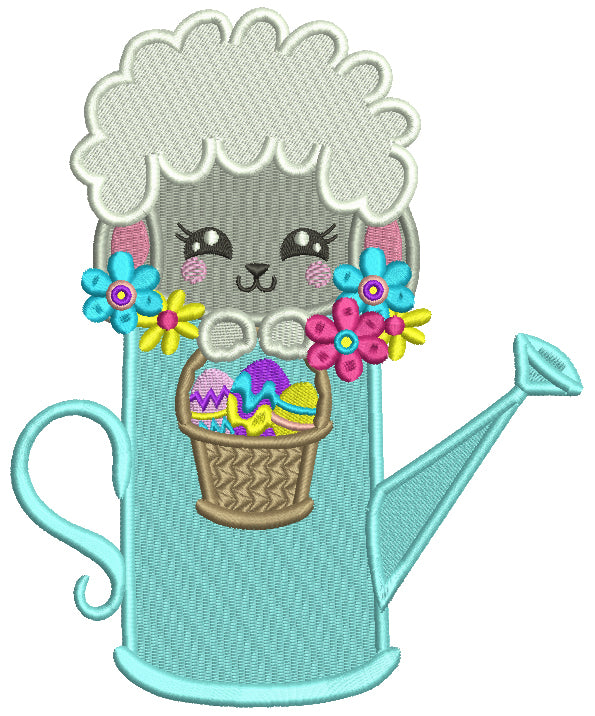 Little Sheep Sitting Inside a Watering Can Easter Filled Machine Embroidery Design Digitized Pattern
