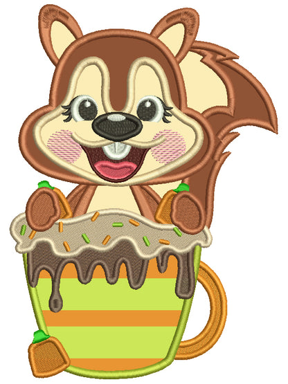 Little Squirrel Drinking a Cup Of Hot Chocolate With Sprinkles Fall Applique Machine Embroidery Design Digitized Pattern