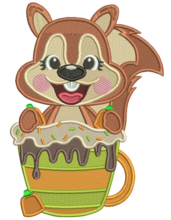 Little Squirrel Drinking a Cup Of Hot Chocolate With Sprinkles Fall Filled Machine Embroidery Design Digitized Pattern