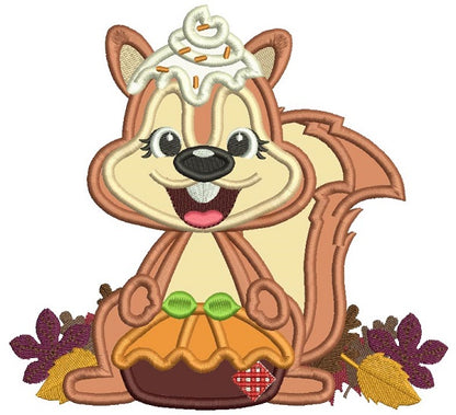 Little Squirrel Holding Pumpkin Pie Thanksgiving Applique Machine Embroidery Design Digitized Pattern