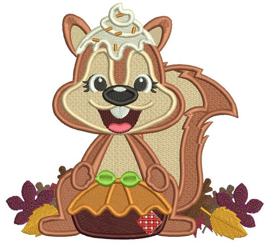 Little Squirrel Holding Pumpkin Pie Thanksgiving Filled Machine Embroidery Design Digitized Pattern