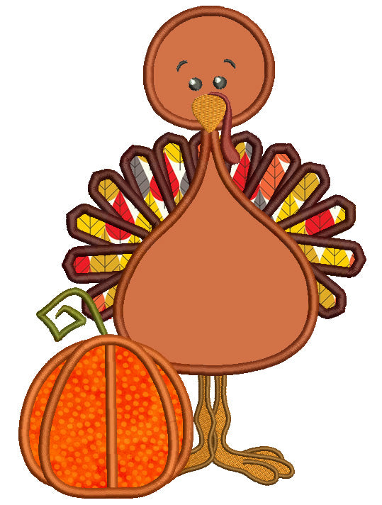 Little Turkey Boy Standing Next to Pumpkin Thanksgiving Applique Machine Embroidery Digitized Design Pattern