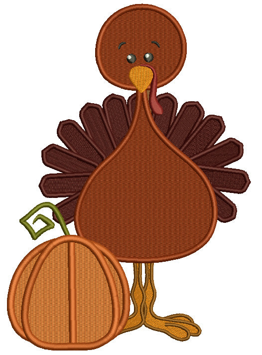 Little Turkey Boy Standing Next to Pumpkin Thanksgiving Filled Machine Embroidery Digitized Design Pattern