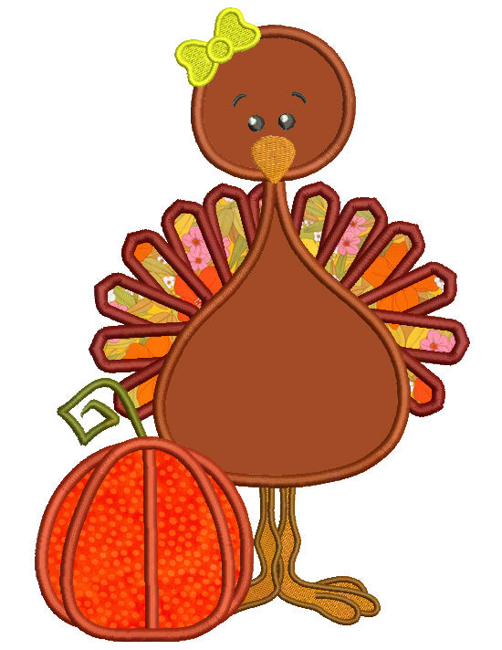 Little Turkey Girl Standing Next to Pumpkin Thanksgiving Applique Machine Embroidery Digitized Design Pattern