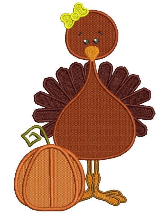 Little Turkey Girl Standing Next to Pumpkin Thanksgiving Filled Machine Embroidery Digitized Design Pattern