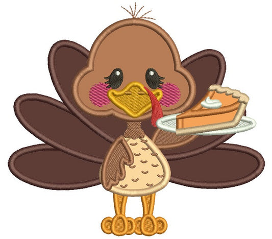 Little Turkey Holding Piece Of Pumpkin Pie Fall Applique Thanksgiving Machine Embroidery Design Digitized Pattern