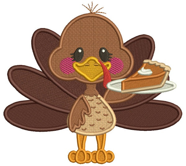 Little Turkey Holding Piece Of Pumpkin Pie Fall Filled Thanksgiving Machine Embroidery Design Digitized Pattern