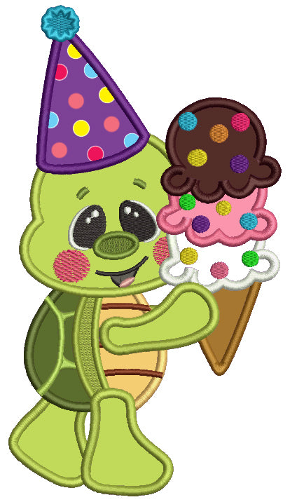 Little Turtle Holding Ice Cream Cone And Wearing Birthday Hat Applique Machine Embroidery Design Digitized Pattern