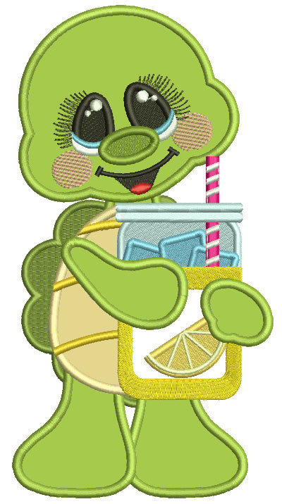 Little Turtle Holding Mason Jar With Ice Cube and Lemons Applique Machine Embroidery Design Digitized Pattern