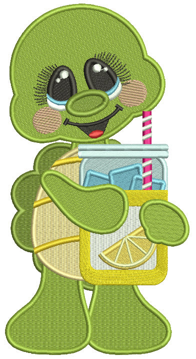 Little Turtle Holding Mason Jar With Ice Cube and Lemons Filled Machine Embroidery Design Digitized Pattern