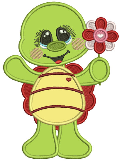 Little Turtle Holding a Flower Valentine's Day Applique Machine Embroidery Design Digitized Pattern