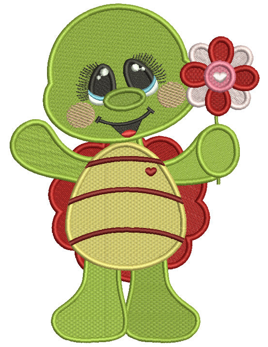 Little Turtle Holding a Flower Valentine's Day Filled Machine Embroidery Design Digitized Pattern