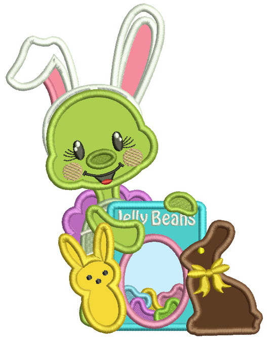 Little Turtle Wearing Bunny Ears Holding Jelly Beans Easter Applique Machine Embroidery Design Digitized Pattern