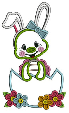 Little Turtle Wearing Bunny Ears With Flowers Applique Machine Embroidery Design Digitized Pattern