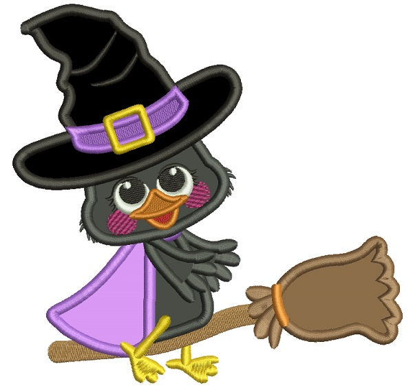 Little Witch Crow On The Broom Applique Halloween Machine Embroidery Design Digitized Pattern
