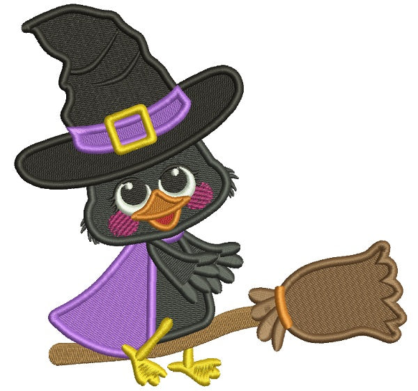 Little Witch Crow On The Broom Filled Halloween Machine Embroidery Design Digitized Pattern