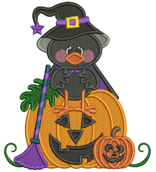 Little baby Crow Wizard Sitting On The Pumpkin Halloween Filled Machine Embroidery Design Digitized Pattern