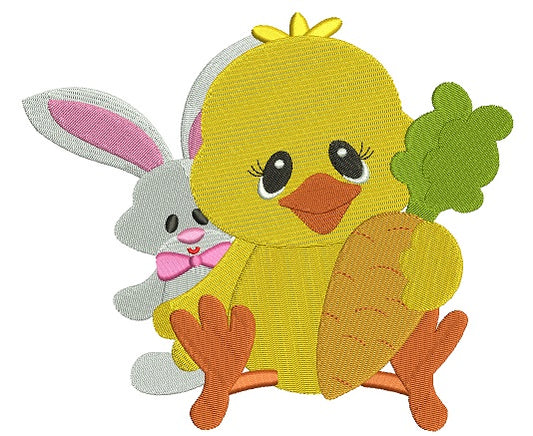 Little chick with a bunny rabbit Easter Filled Machine Embroidery Digitized Design Pattern