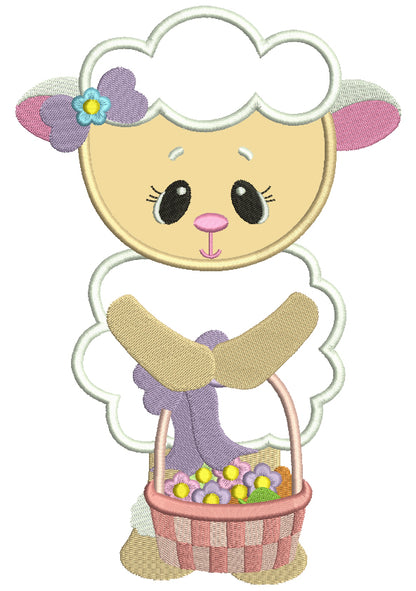 Little Lamb With Flowers Easter Applique Machine Embroidery Design Digitized Pattern