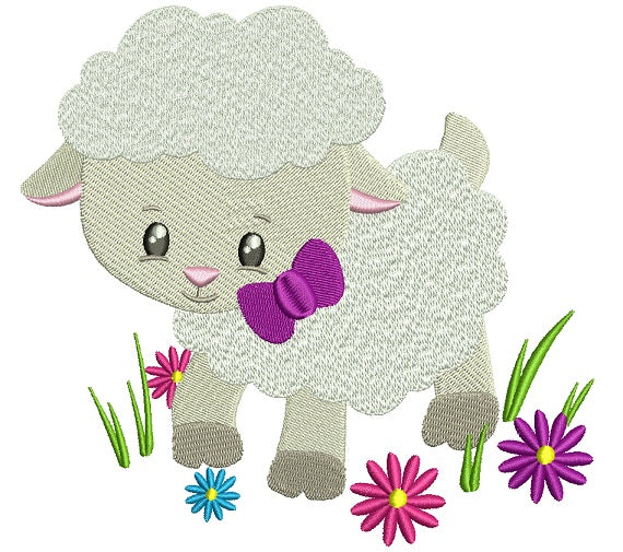 Little Lamb With a Cute Bow Easter Filled Machine Embroidery Design Digitized Pattern