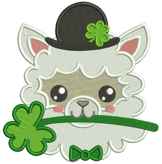 Llama Holding Shamrock in His Mouth St. Patrick's Day Filled Machine Embroidery Design Digitized Pattern