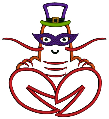 Lobster Wearing Mardi Gras Hat Applique Machine Embroidery Design Digitized Pattern