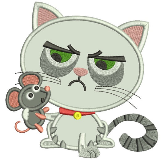 Looks LIke Grumpy Cat Holding a Mouse Applique Machine Embroidery Design Digitized Pattern