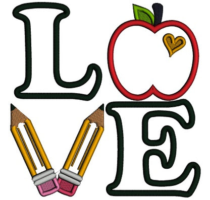 Love Apple And Pencils School Applique Machine Embroidery Design Digitized Pattern