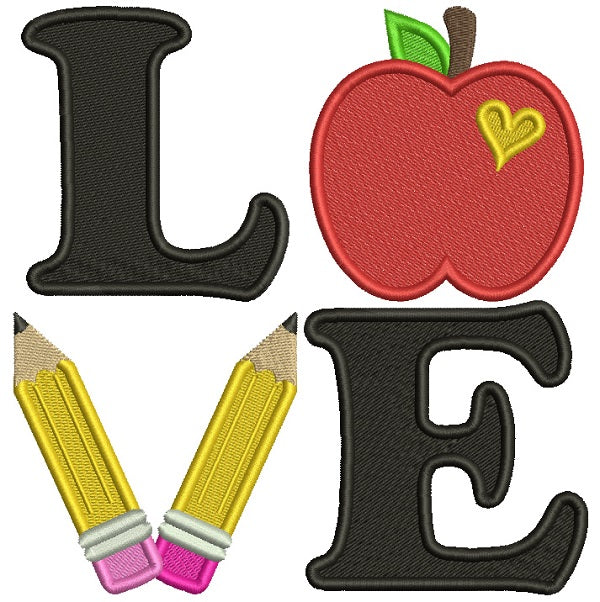 Love Apple And Pencils School Filled Machine Embroidery Design Digitized Pattern