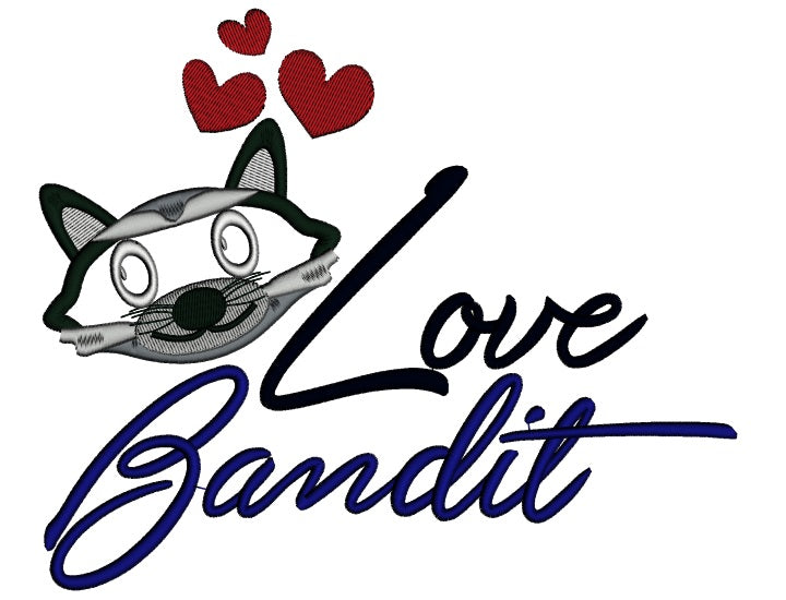 Love Bandit Raccoon With Hearts Love Applique Machine Embroidery Design Digitized Pattern