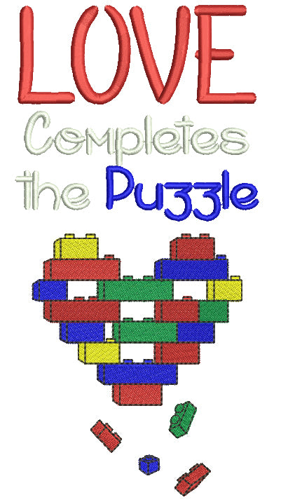 Love Completes The Puzzle Autism Awareness Filled Machine Embroidery Design Digitized