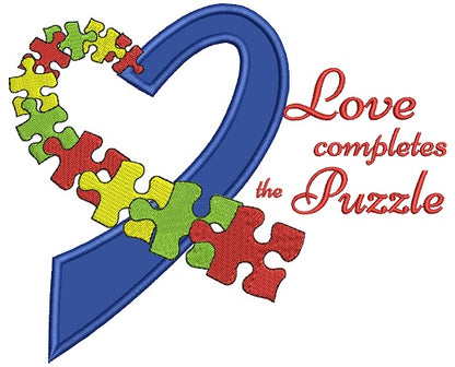 Love Completes The Puzzle Autism Awareness Heart Applique Machine Embroidery Design Digitized Pattern